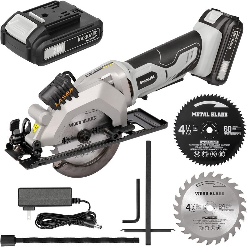 Inequalit Cordless Mini Circular Saw, 4-1/2 Inch 3400 RPM Circular Saw with Laser Guide, Rip Guides, 2 Blades (24T Wood + 60T Metal), Max Cutting Depth 1-11/16" (90°), 1-1/8" (45°)" - Image 1